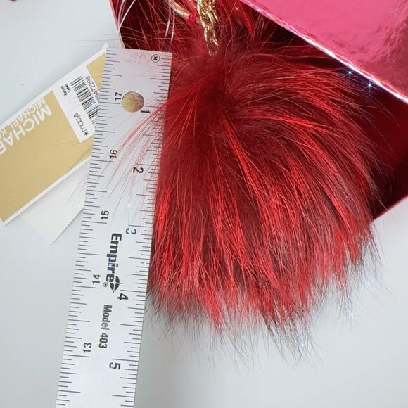 Michael Kors Large Fox Fur Pom Poms In Cherry Red Gold Hardware Keychain Box - Picture 7 of 8